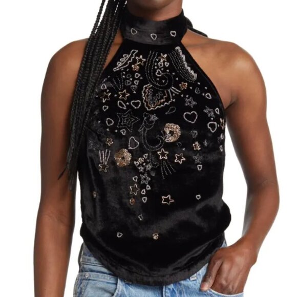 Free People Ariana Beaded Velvet Halter Top Black - Picture 1 of 7